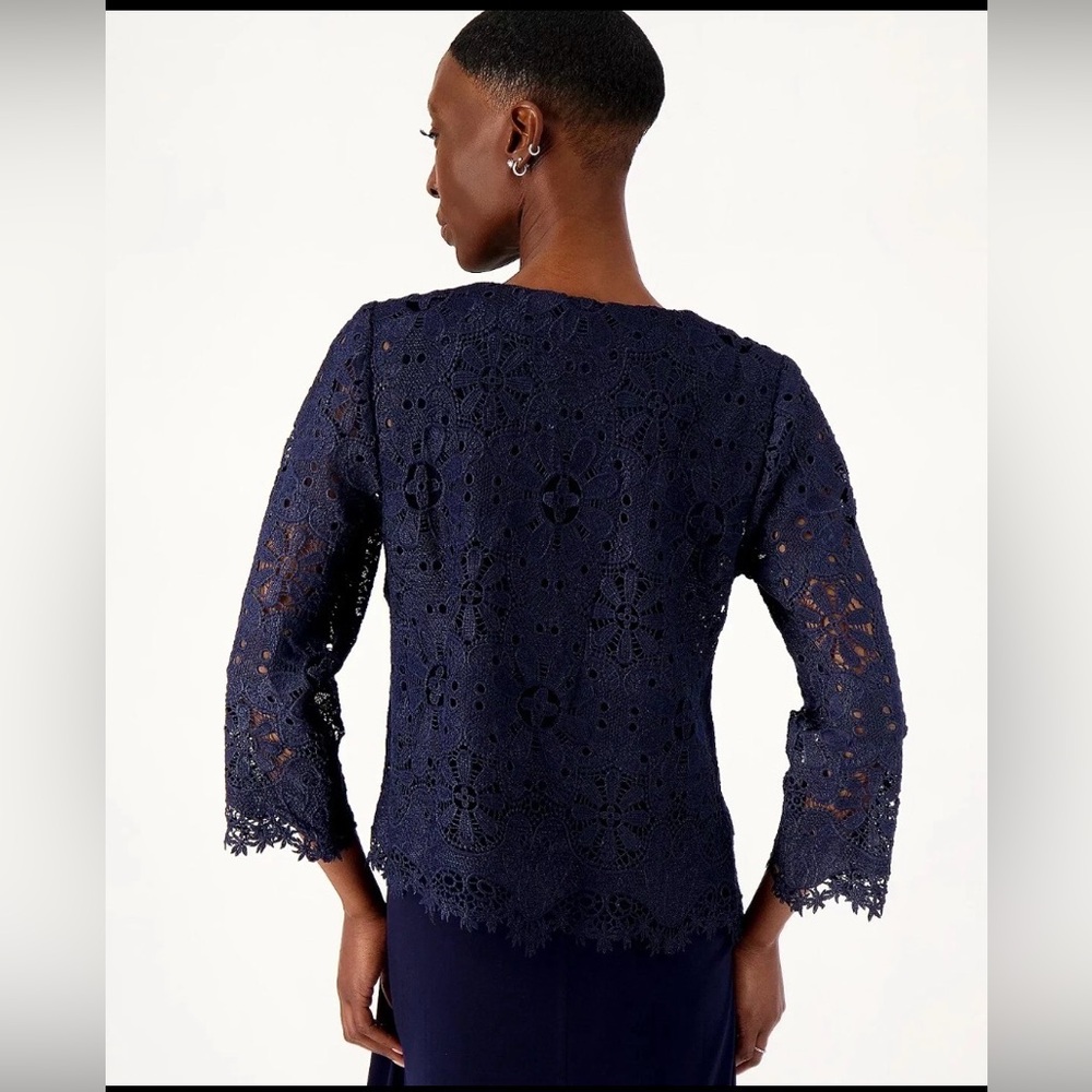 Susan Graver Occasions Crochet Lace 3/4 Sleeve Cardigan - Picture 2 of 3